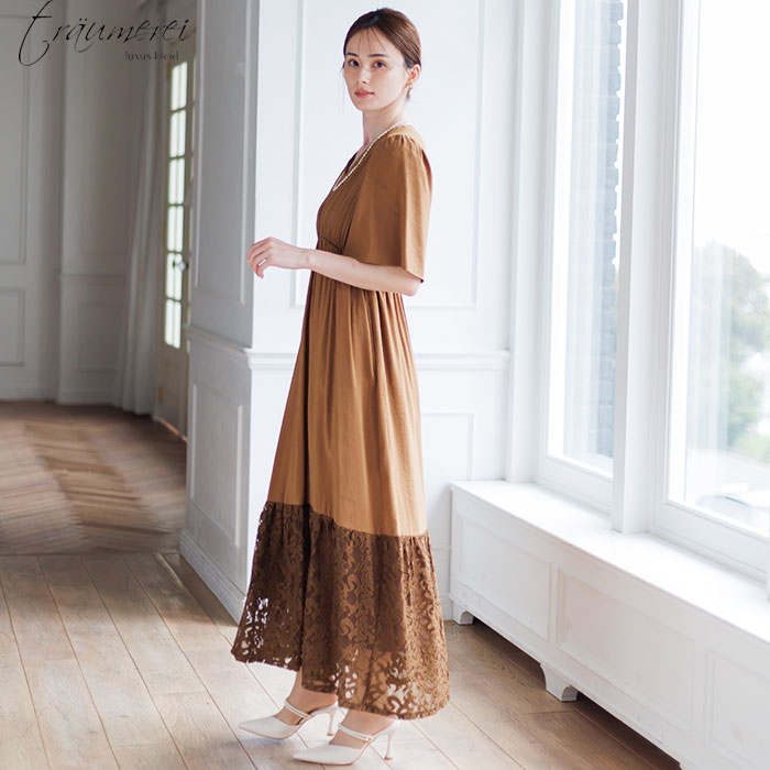 WEB限定｜裾レース切替ギャザードレス 9号・ブラウン｜東京ソワール