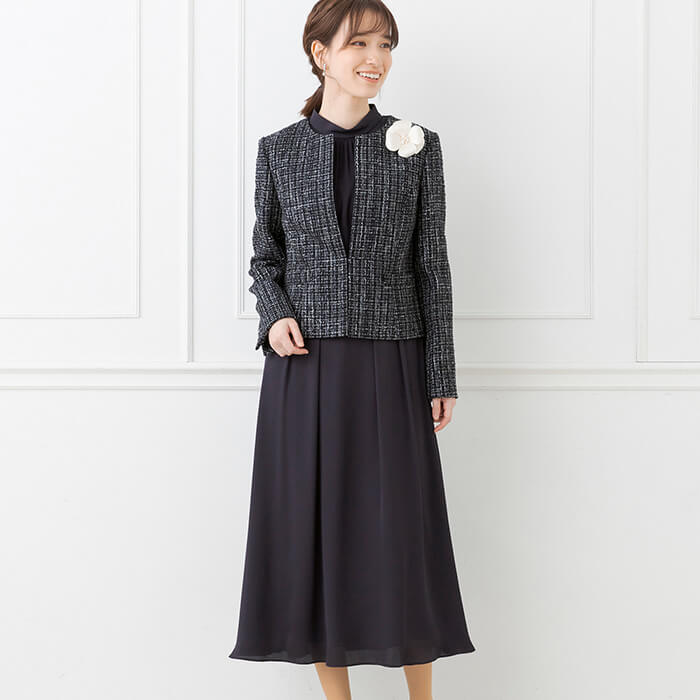 チェックツイードジャケットのセレモニースーツ 9号・ネイビー｜東京