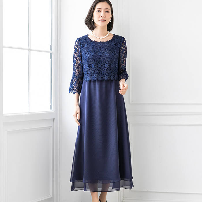レース×オーガンのフレアーワンピース 9号・ネイビー｜東京ソワール