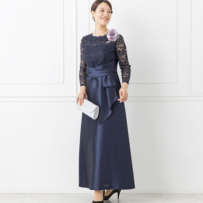 ラッセルレース×シャンタンのロングドレス 13号・ピンクベージュ