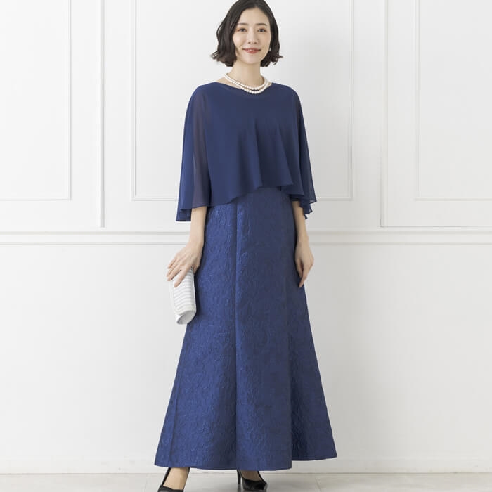 ケープ付きロングドレス 9号・ネイビー｜東京ソワールオンラインストア