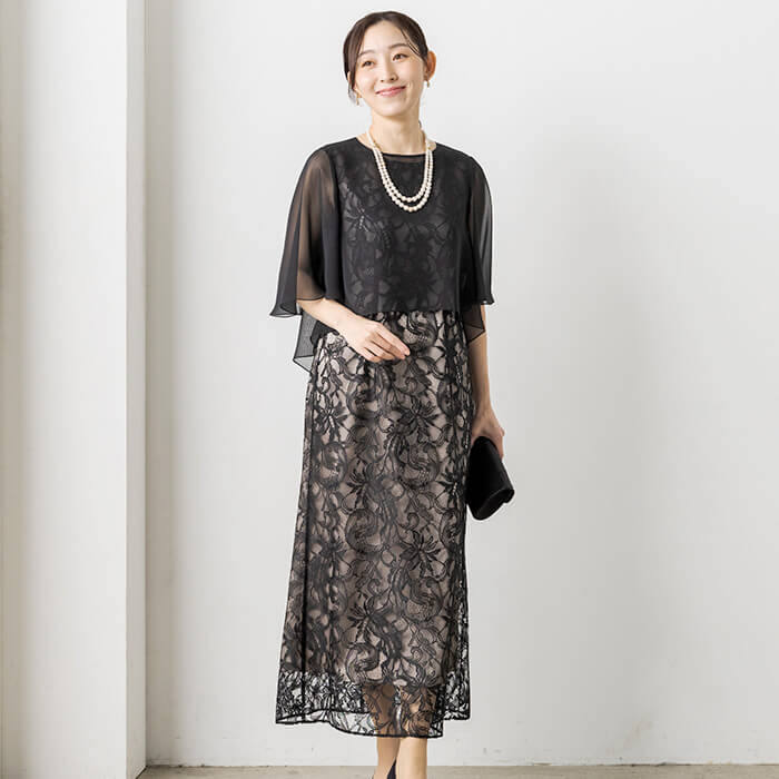 シフォンケープ付きラッセルレースのロングドレス 13号・ブラック