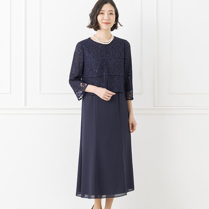 ティアードの前開きワンピース 13号・ネイビー｜東京ソワール