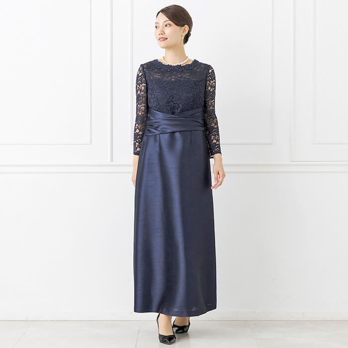 ラッセルレース×シャンタンのロングドレス 11号・ネイビー｜東京