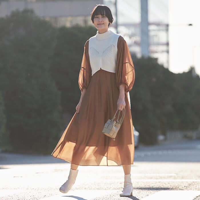 WEB限定｜ボリュームオーガンジードレス 9号・ブラウン｜東京ソワール