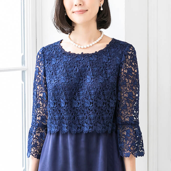 レース×オーガンのフレアーワンピース 9号・ネイビー｜東京ソワール