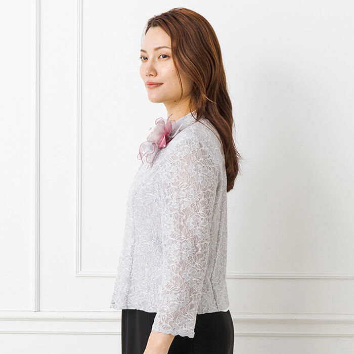 ラメレースのファスナー付きブラウス 9号・ライトグレー｜東京