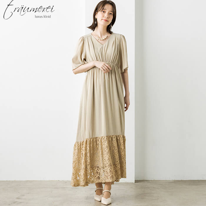 WEB限定｜裾レース切替ギャザードレス 9号・ベージュ｜東京ソワール