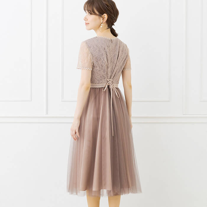 ラッセルレース×チュールレースのふんわりドレス 7号・モカベージュ