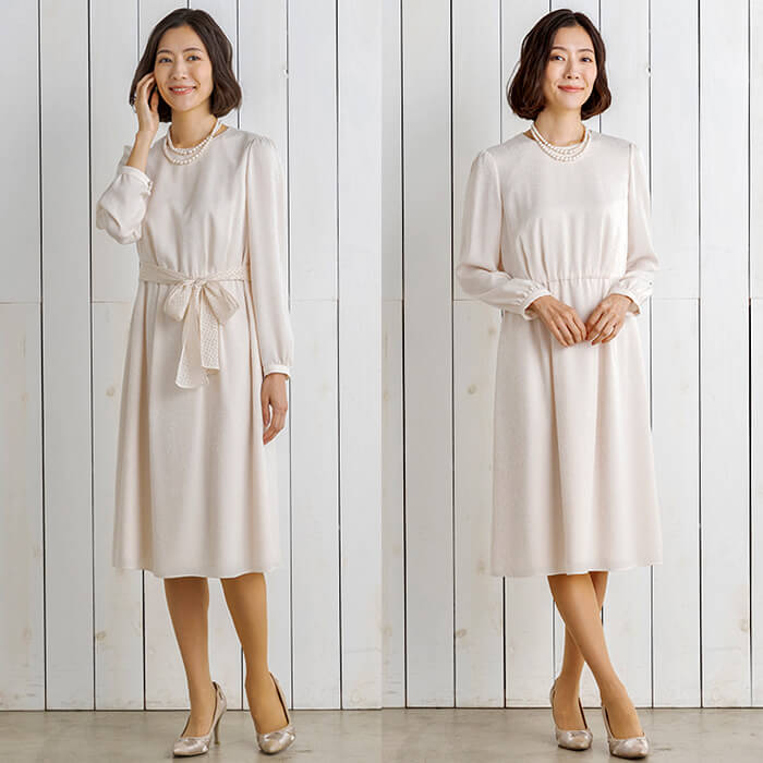 サテンオパールワンピのセレモニースーツ 13号・ベージュ｜東京