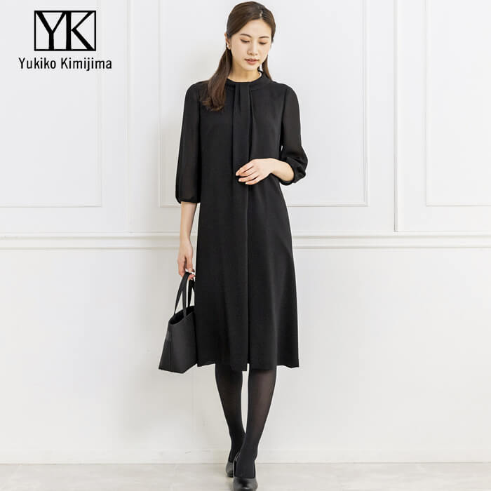 洗える｜ボータイ風の前開きワンピース 11号・ブラック｜東京