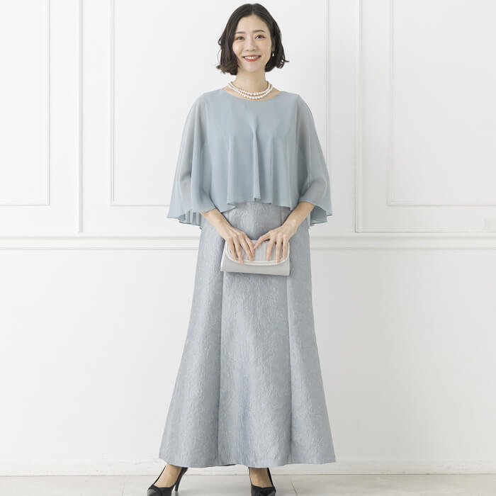 ケープ付きロングドレス 9号・ウォーターブルー｜東京ソワール