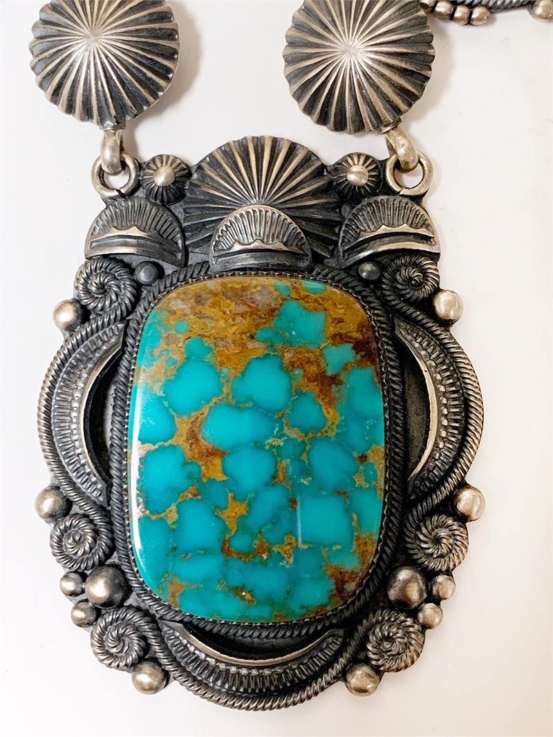 Delbert Gordon (Navajo) Matte Sterling Silver Necklace with 7 Blue