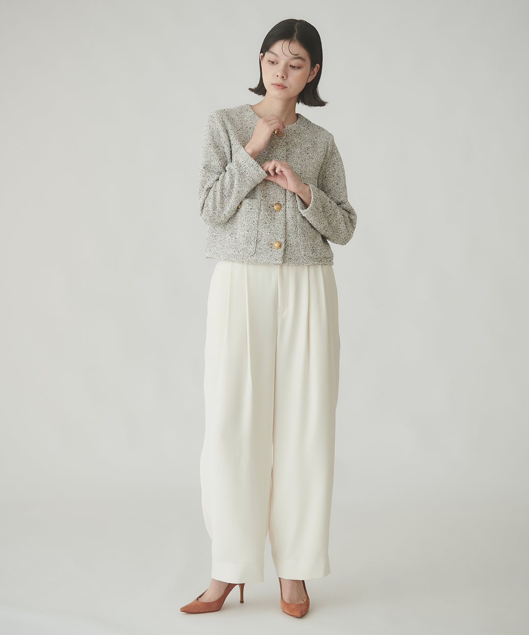 ツィード風ノーカラージャケット – FACE SANS FARD