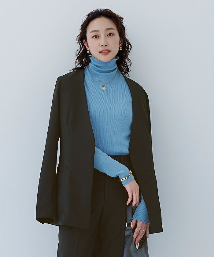 ベルト、ストールつきネイビー ノーカラー ジャケットアニュアンス