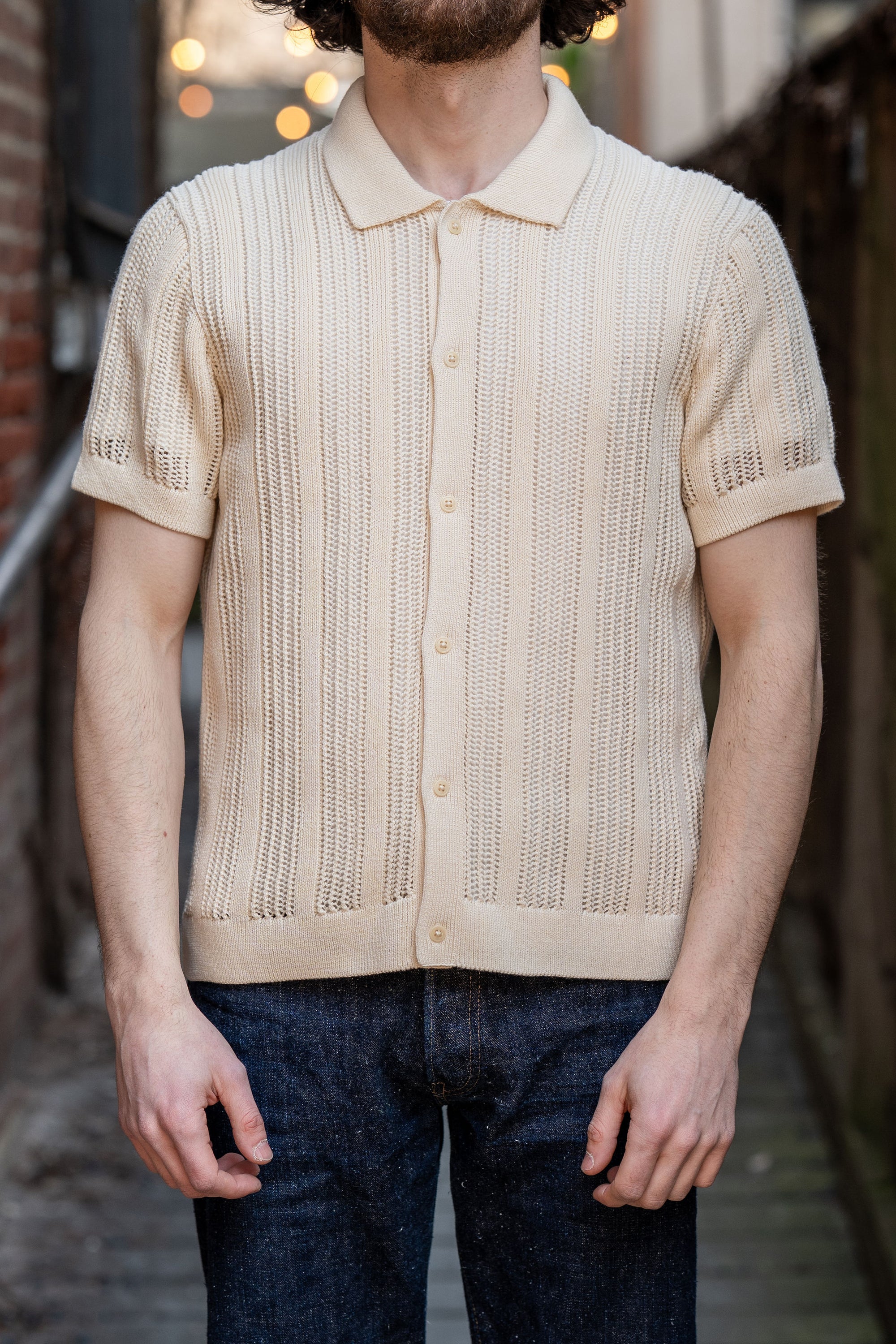3sixteen Short Sleeve Knit Shirt - Ecru Mesh Stripe - Franklin & Poe