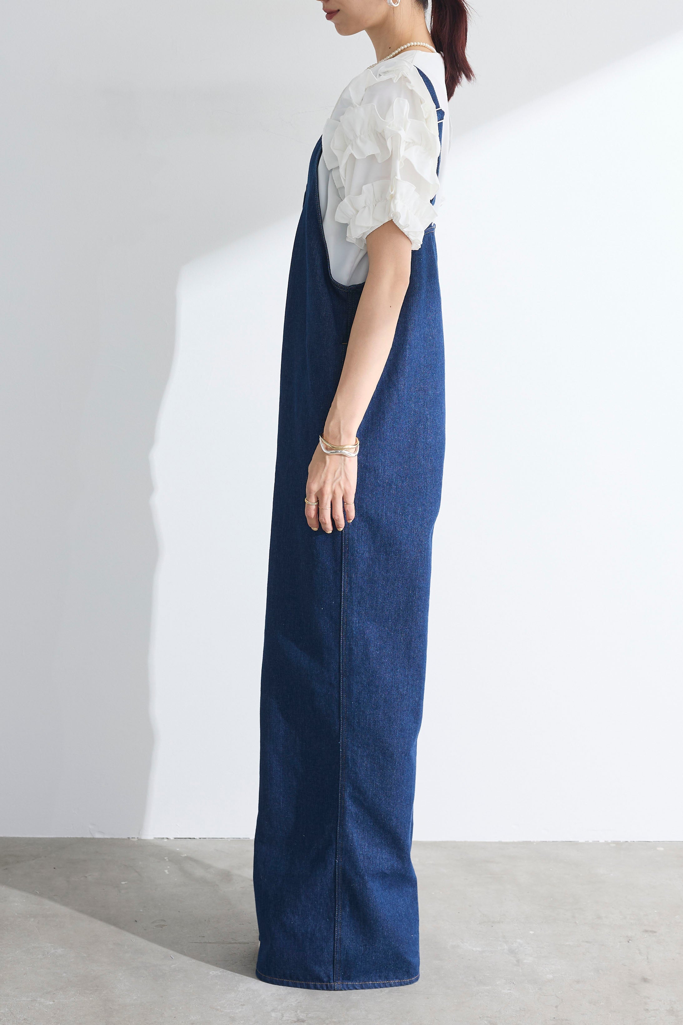 予約]デニムフロントジップVネックサロペット – Frene