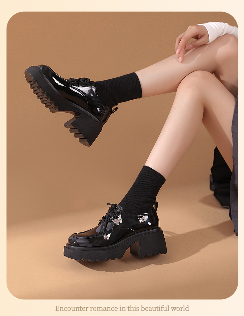 黒靴 厚底エナメルレースアップシューズ 革靴|黒靴専門通販 クロクツ