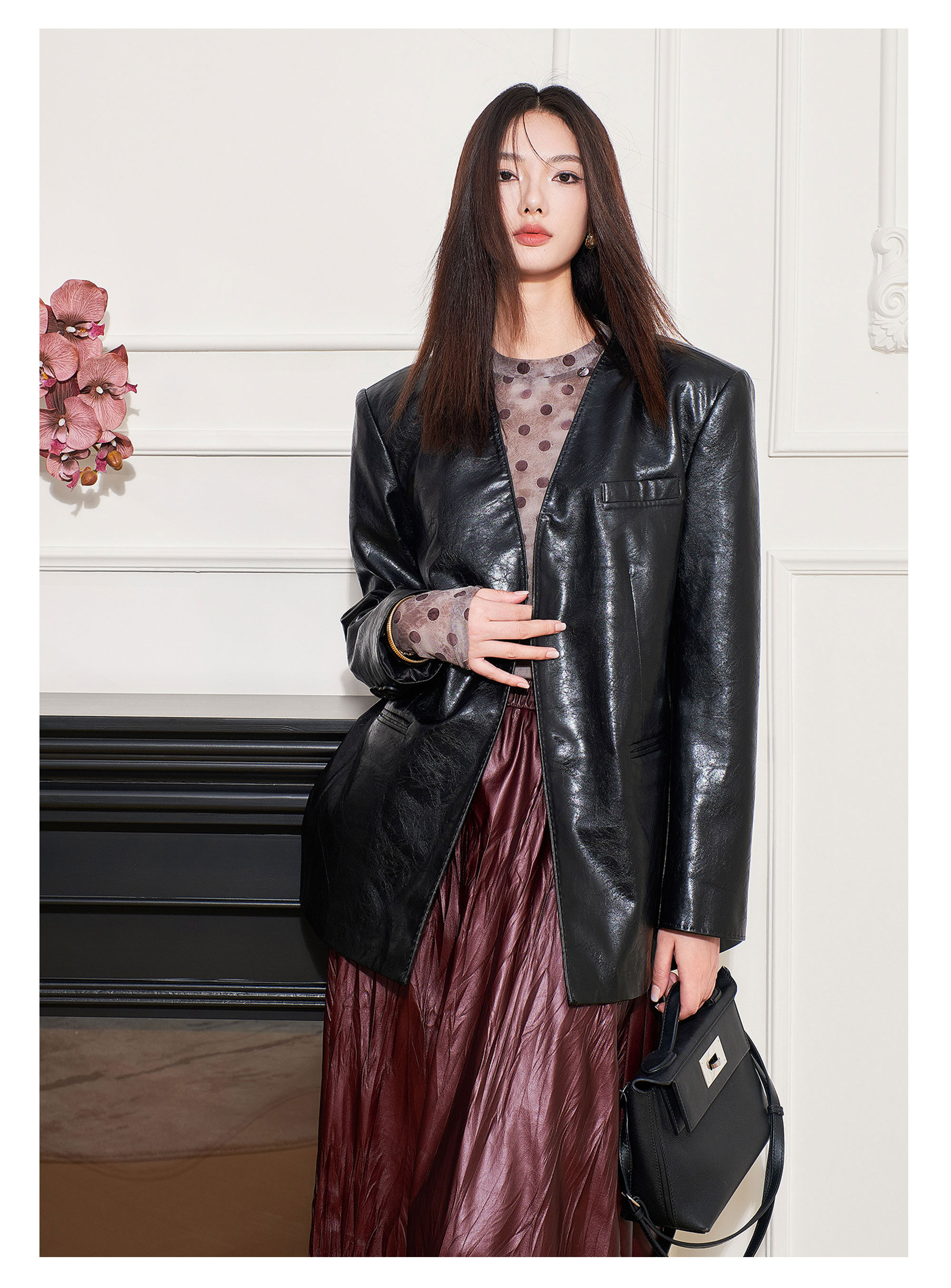 ノーカラージャケット 洗練ノーカラーレザージャケット レザー|ノー