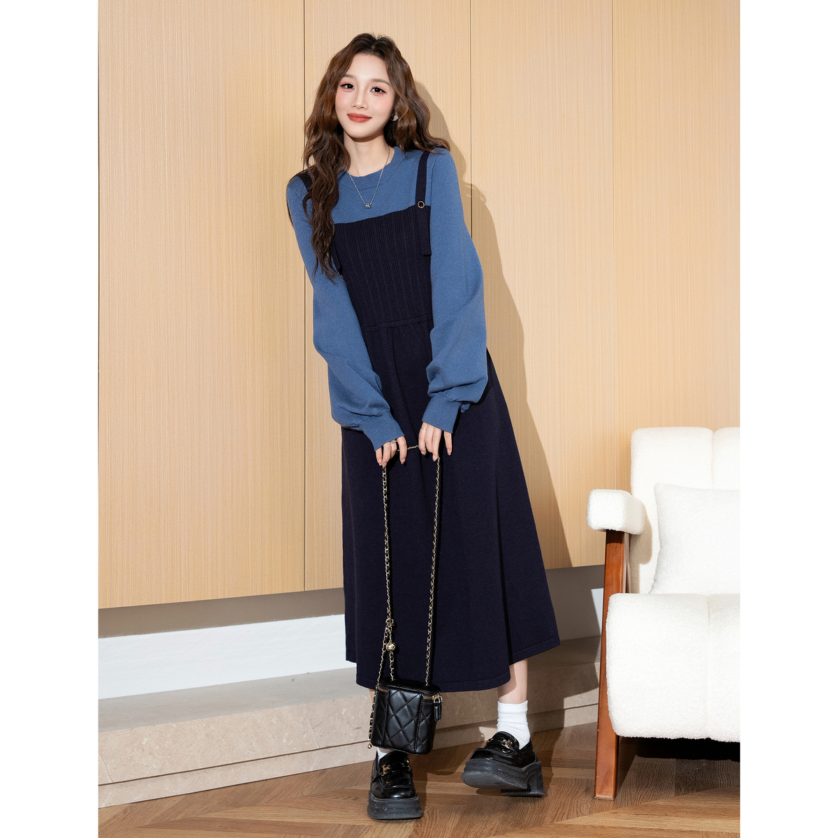 ロングワンピース ニット ゆったりニットワンピース重ね着風キャミ