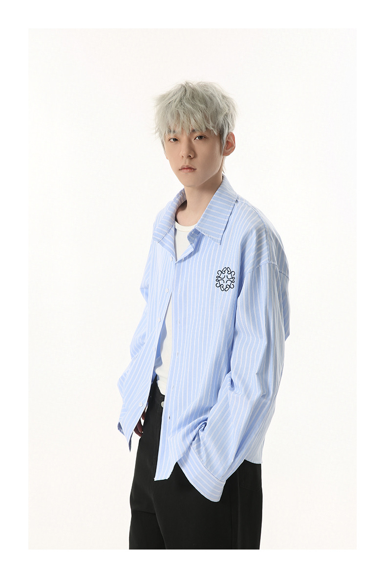 ストライプシャツ 胸元刺繍入り縦縞柔らかシャツ メンズ|ストライプ