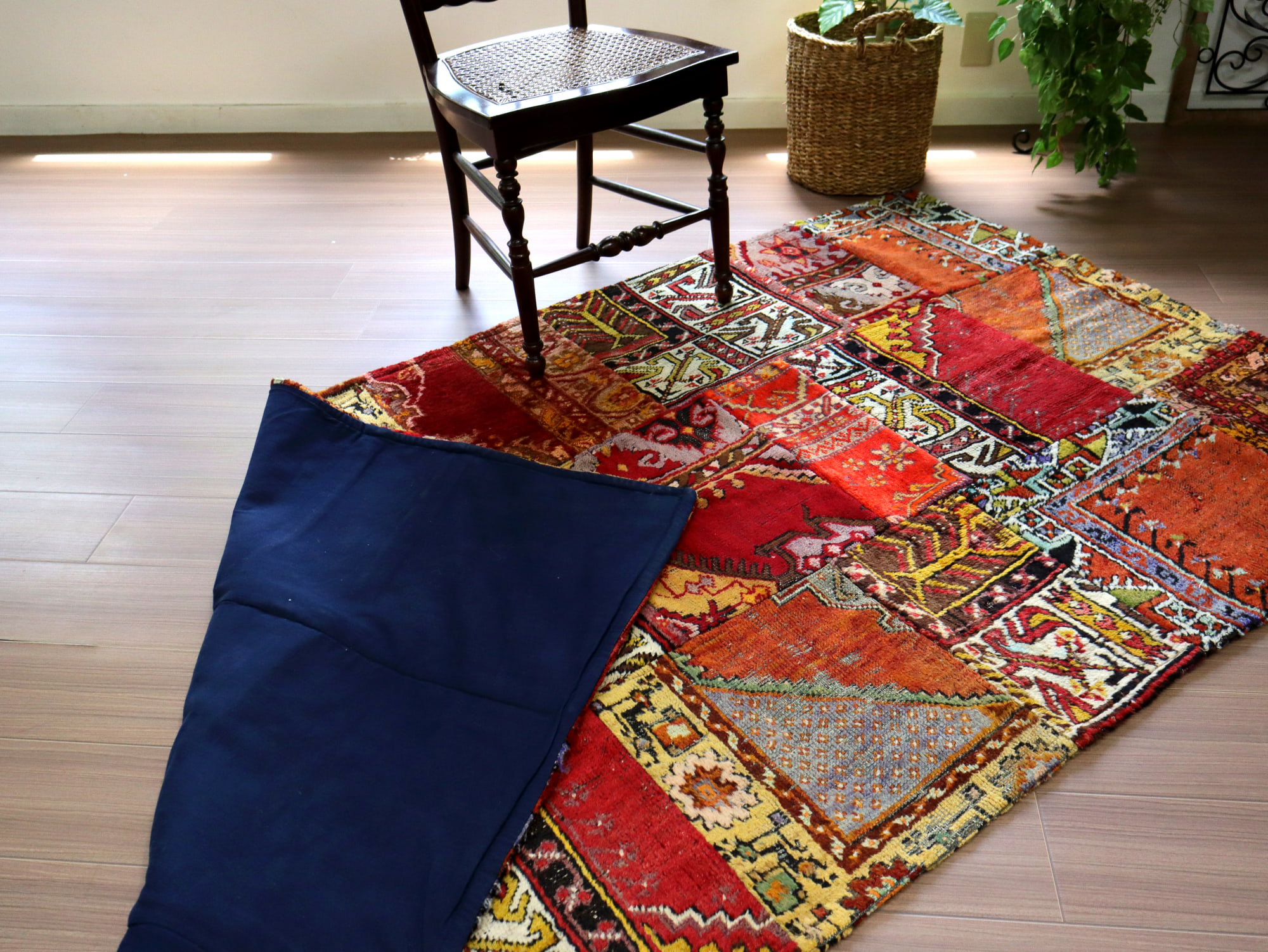 68.5×98 ベージュボタニカル パッチワーク トルコヴィンテージラグ