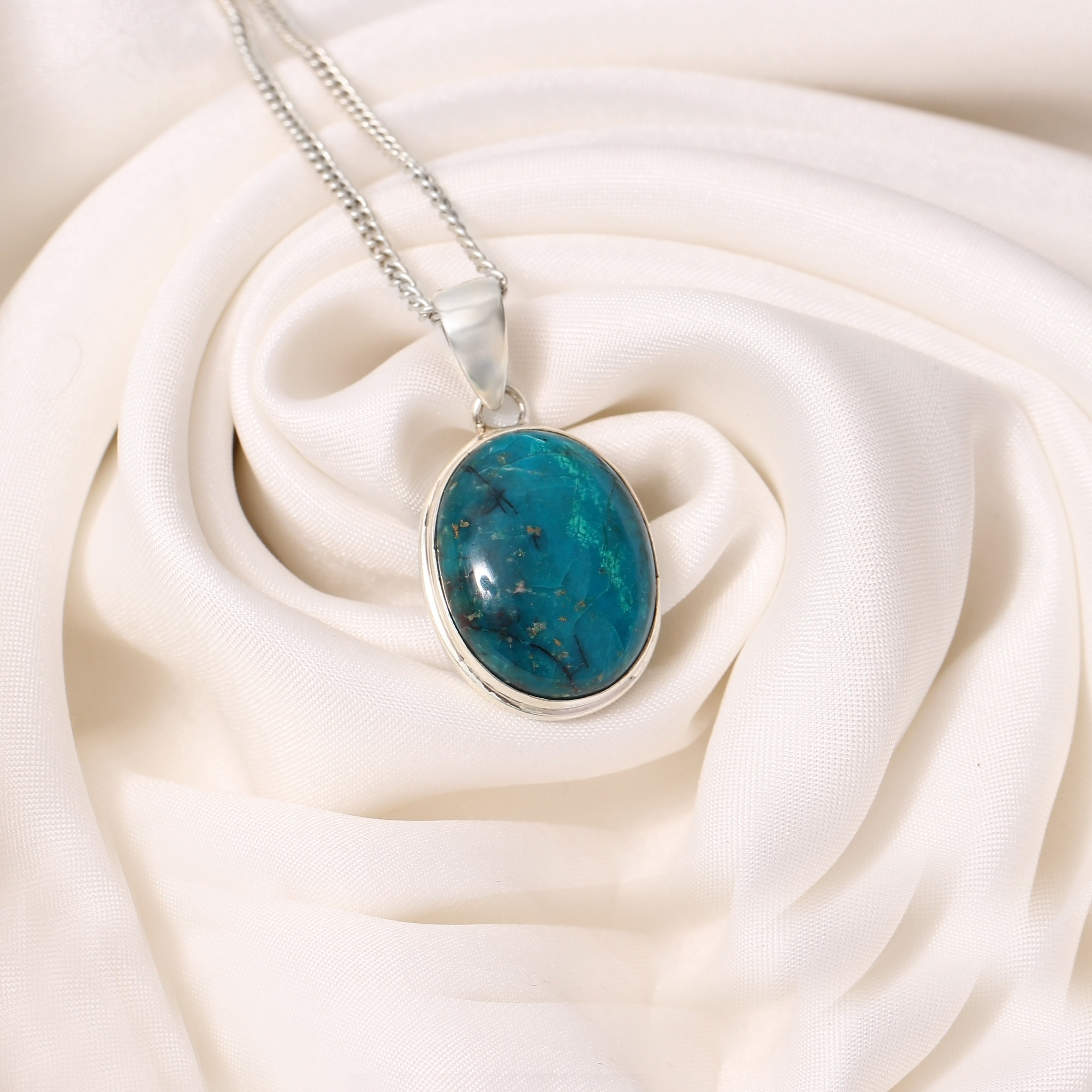 925 Sterling Silver Chrysocolla Oval Pendant Necklace – Gemsrush