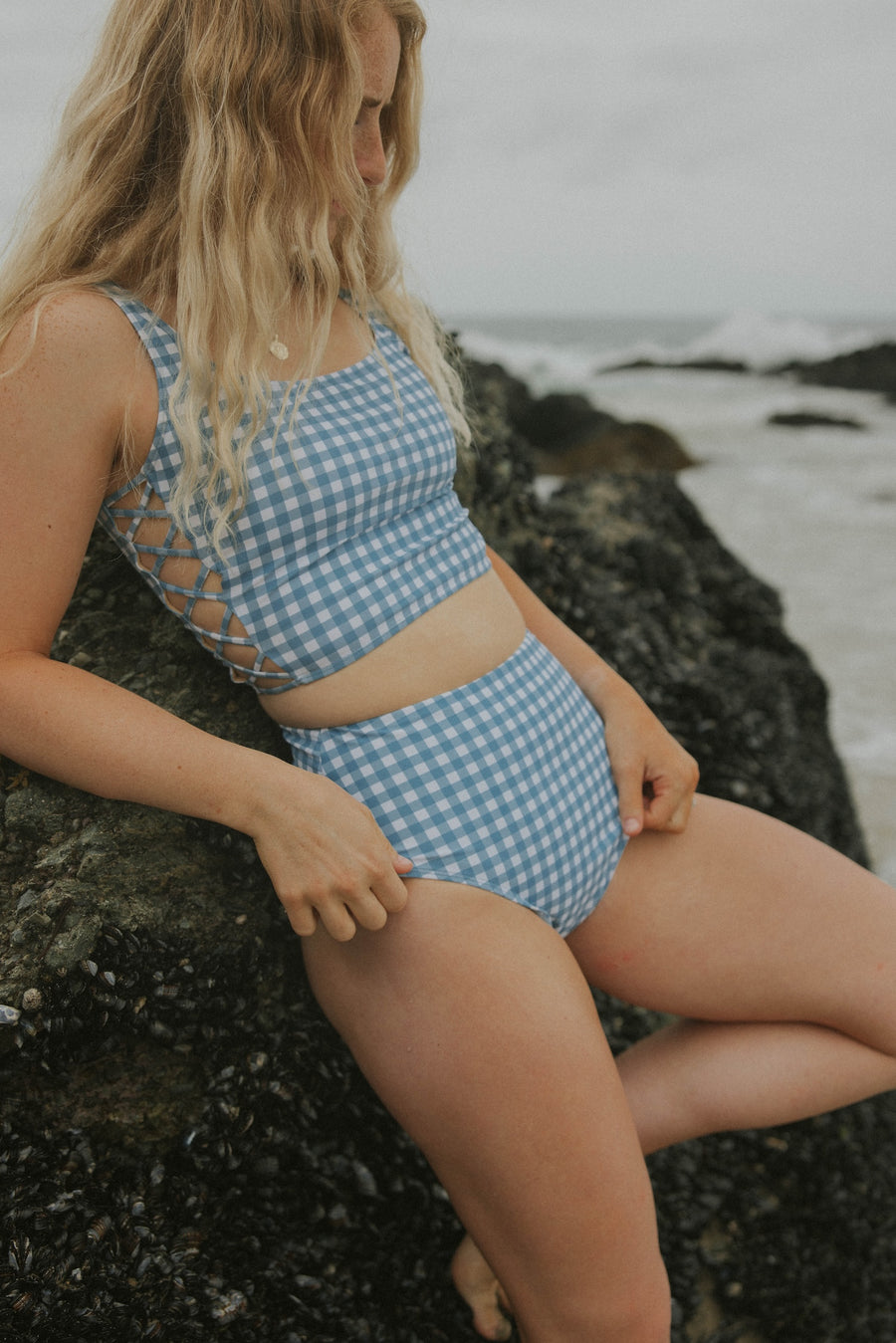 Blue Gingham High-Waisted Full Coverage Bikini Bottoms | Geode