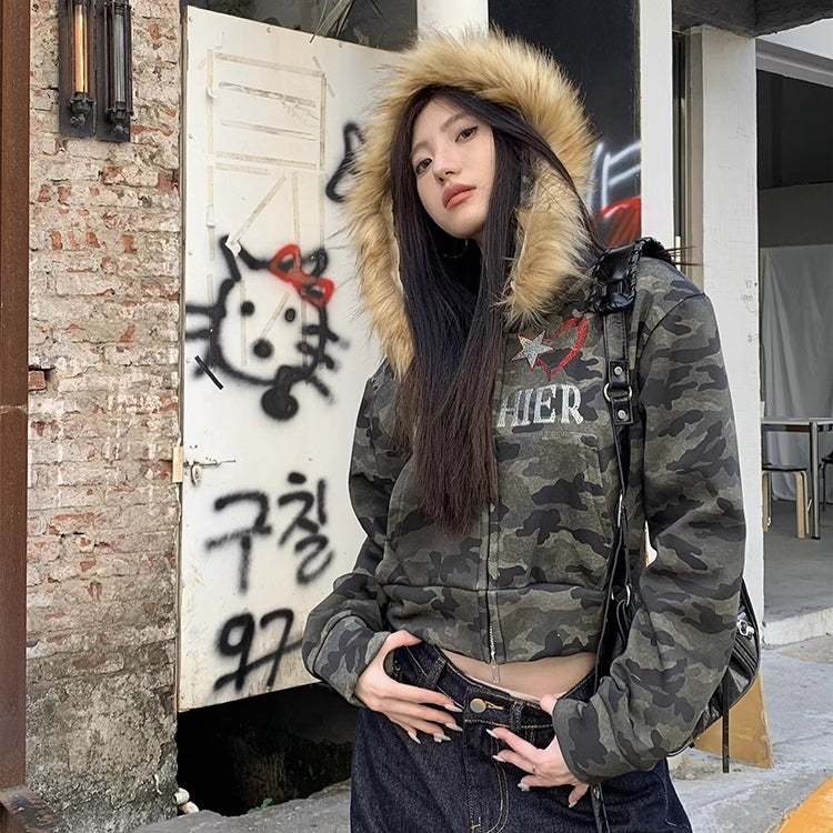 カモフラ ファーフード パーカー レディース クロップド丈 フーディー