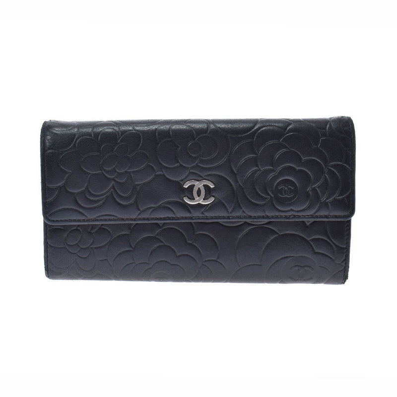 シャネルカメリア 長財布 黒 シルバー金具 レディース 二つ折り財布