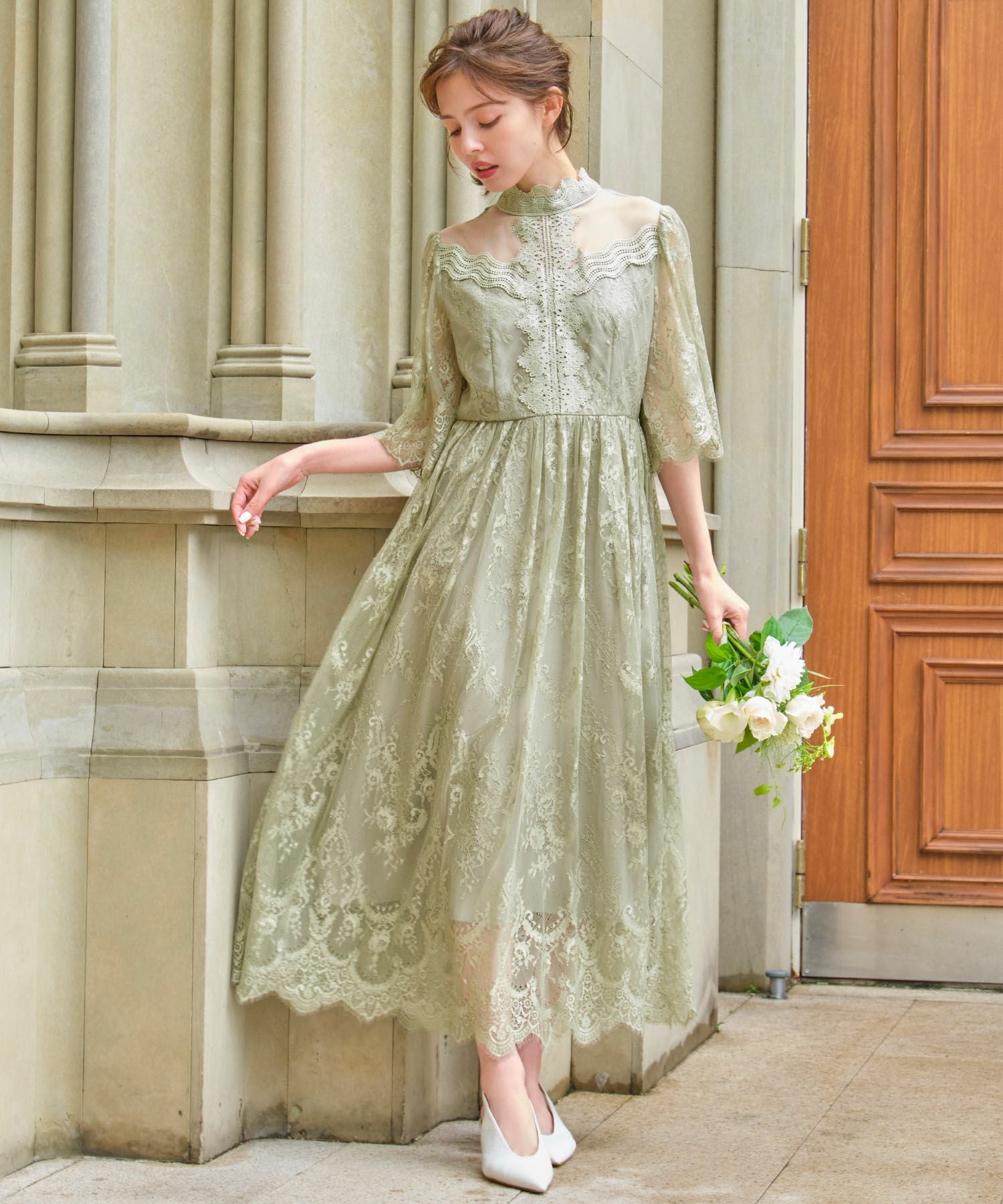 結婚式・お呼ばれ対応 | 総レースハイネックスカラップドレス