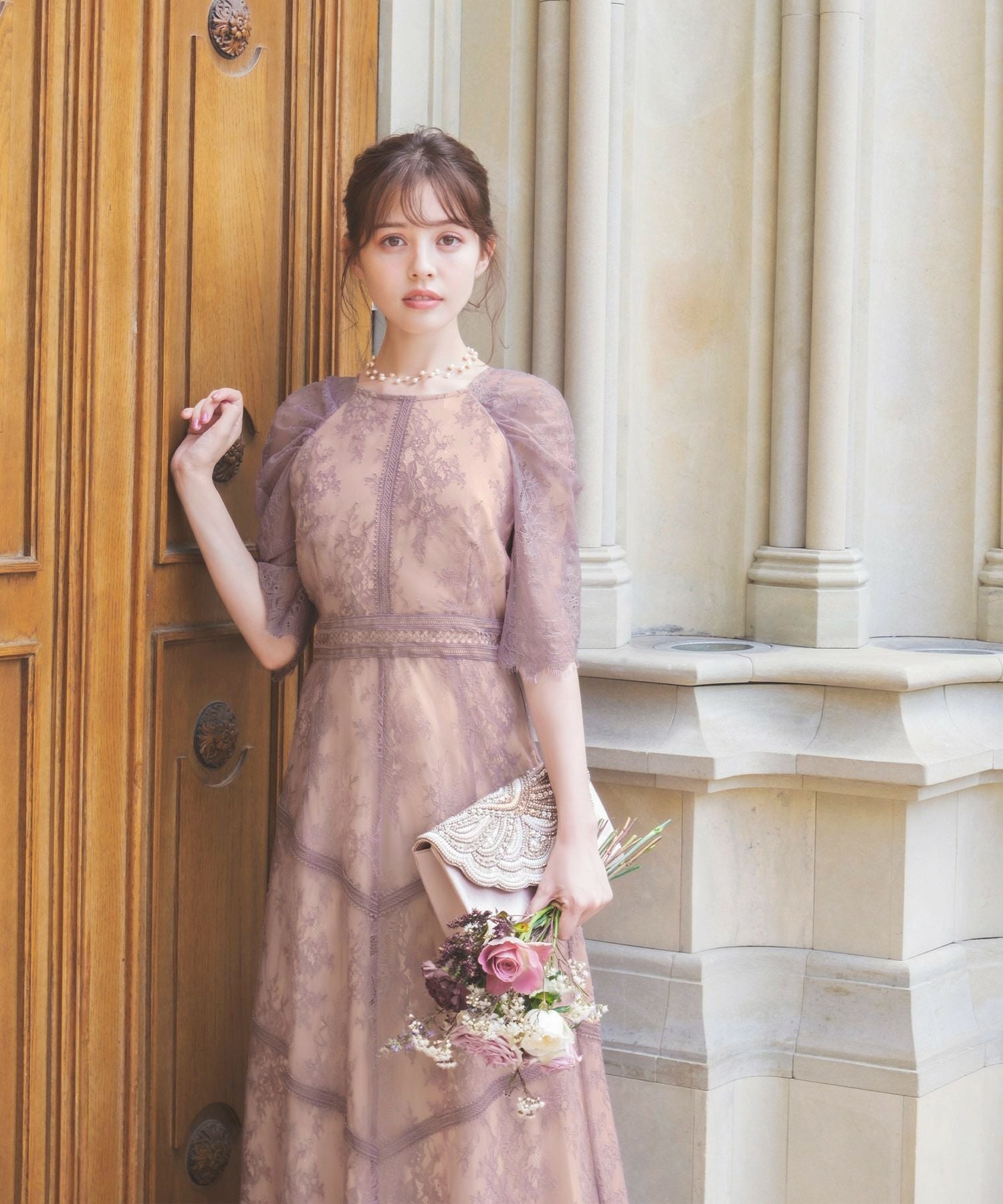 結婚式・お呼ばれ対応 | フラワー総レースフレアロングワンピース