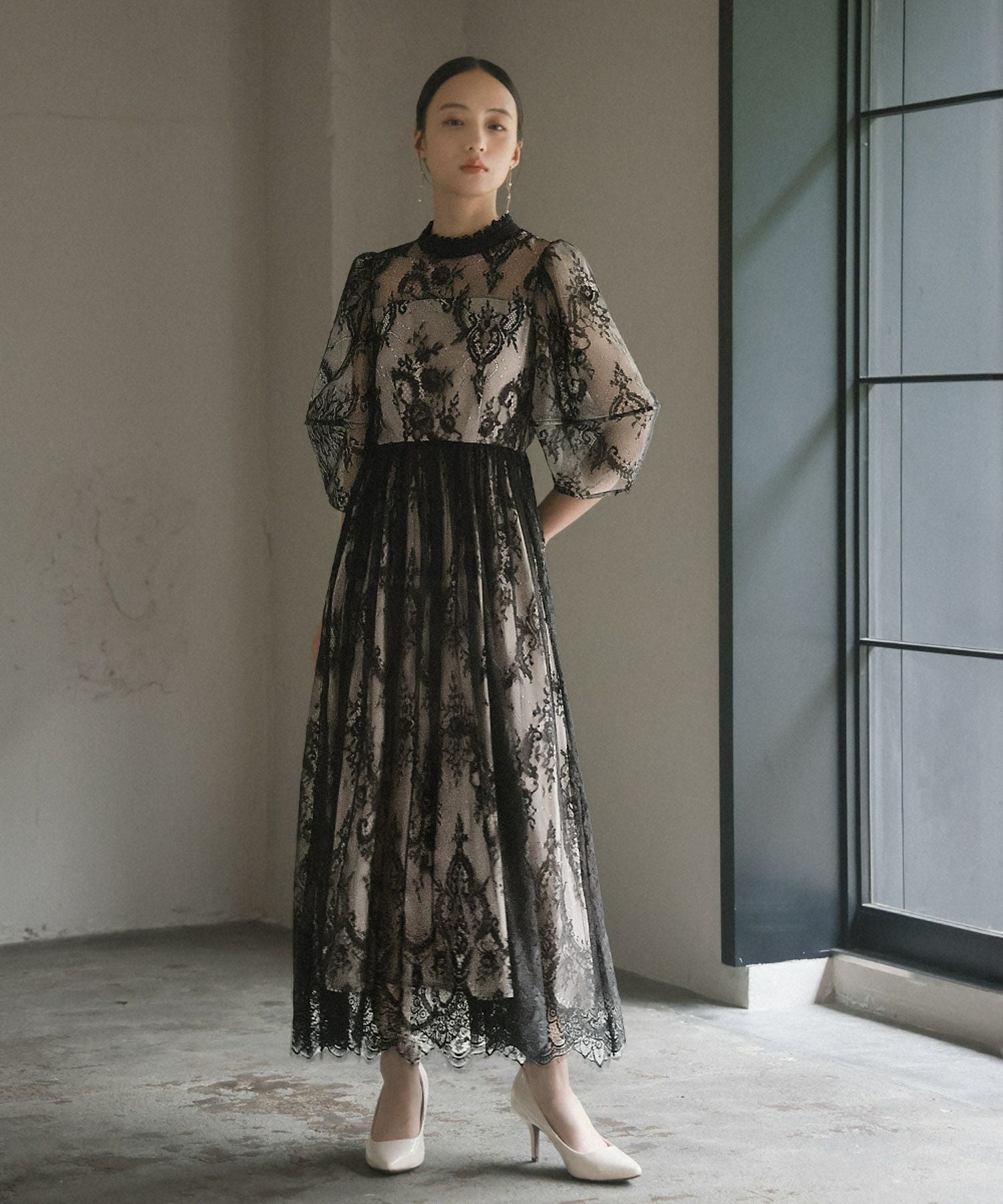 結婚式・お呼ばれ対応 | ランタンスリーブ総レースドレス - パーティー