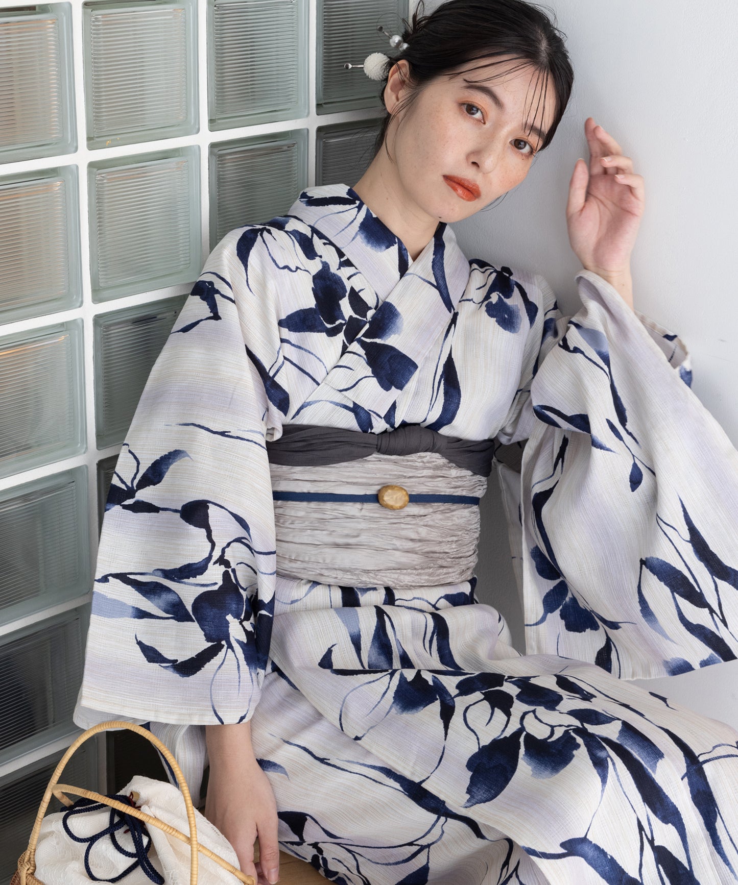 こだわり浴衣 5点セット (浴衣/帯/下駄/腰紐/着付け冊子) 麻混 綿麻