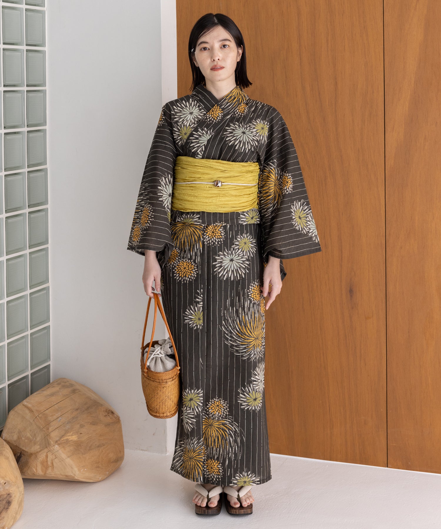 こだわり浴衣5点セット(浴衣/帯/下駄/腰紐/着付け冊子) 麻混 綿麻 先