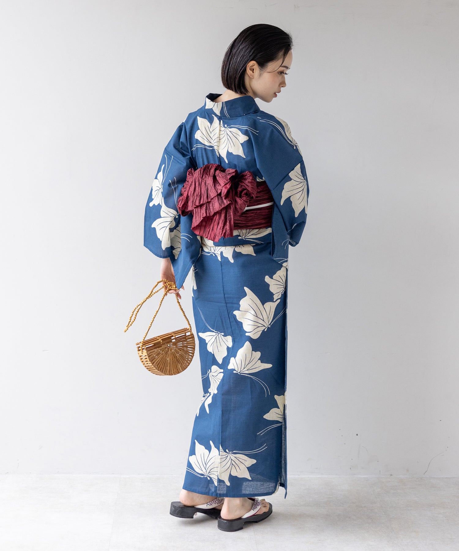 こだわり浴衣 5点セット (浴衣/帯/下駄/腰紐/着付け冊子) 麻混 綿麻 先