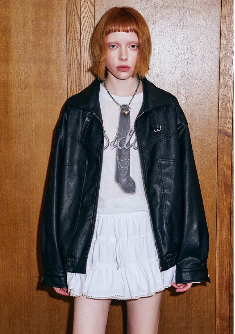 DIDDIMODA リボン刺繍エンボスレザージャケット – 個性的な