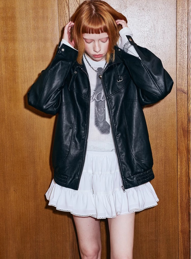 DIDDIMODA リボン刺繍エンボスレザージャケット – 個性的な
