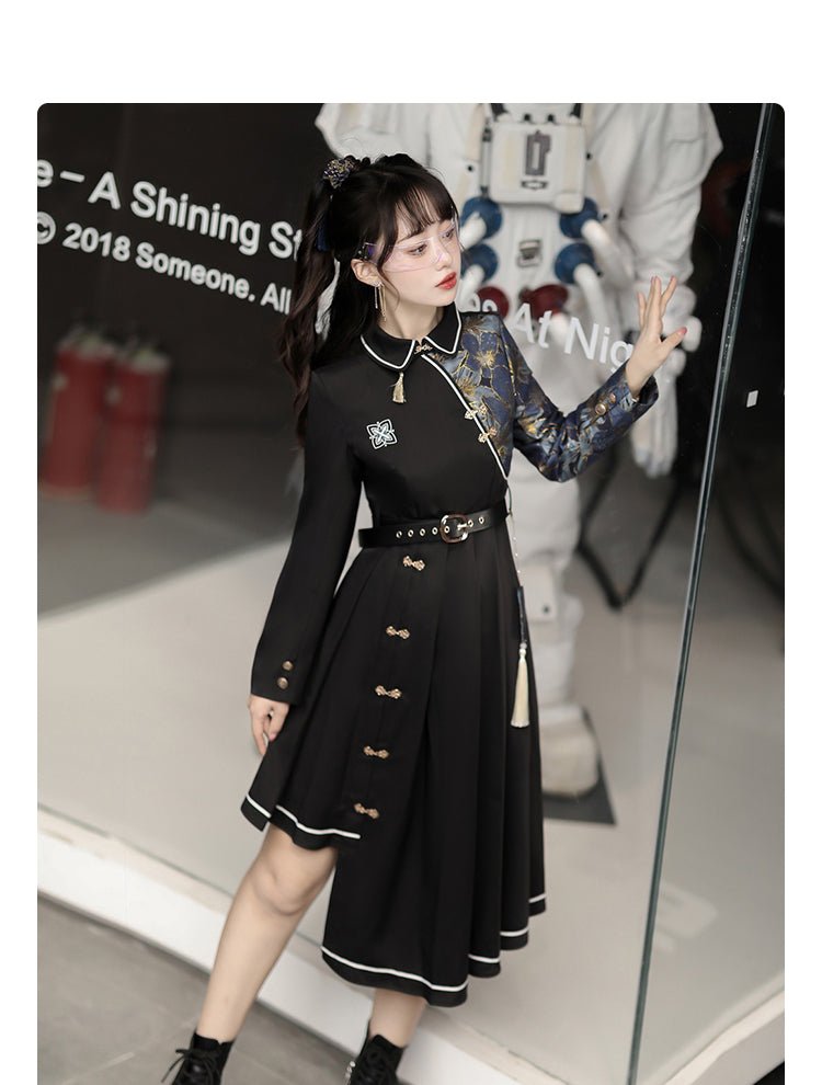 暗闇に花咲くアシンメトリーチャイナワンピースドレス – 個性的な