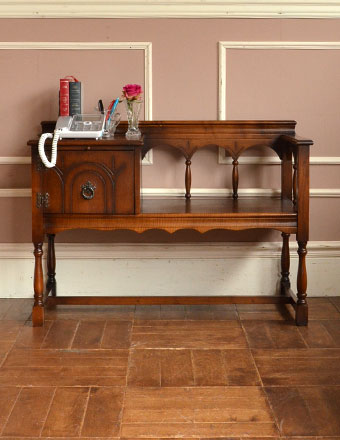 英国スタイルのアンティーク家具、木製のテレフォンベンチ（電話台）(j