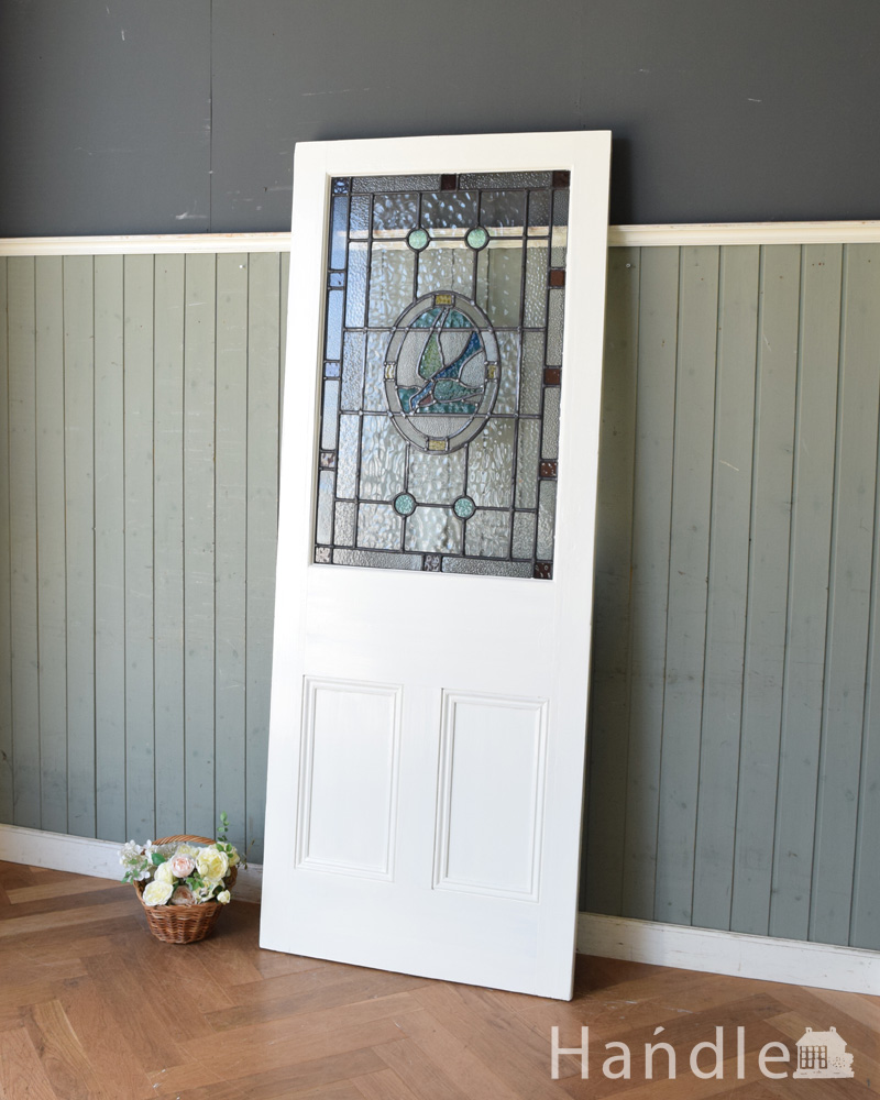 オシャレなアンティーク建具、ステンドグラス入りのペイントドア(k