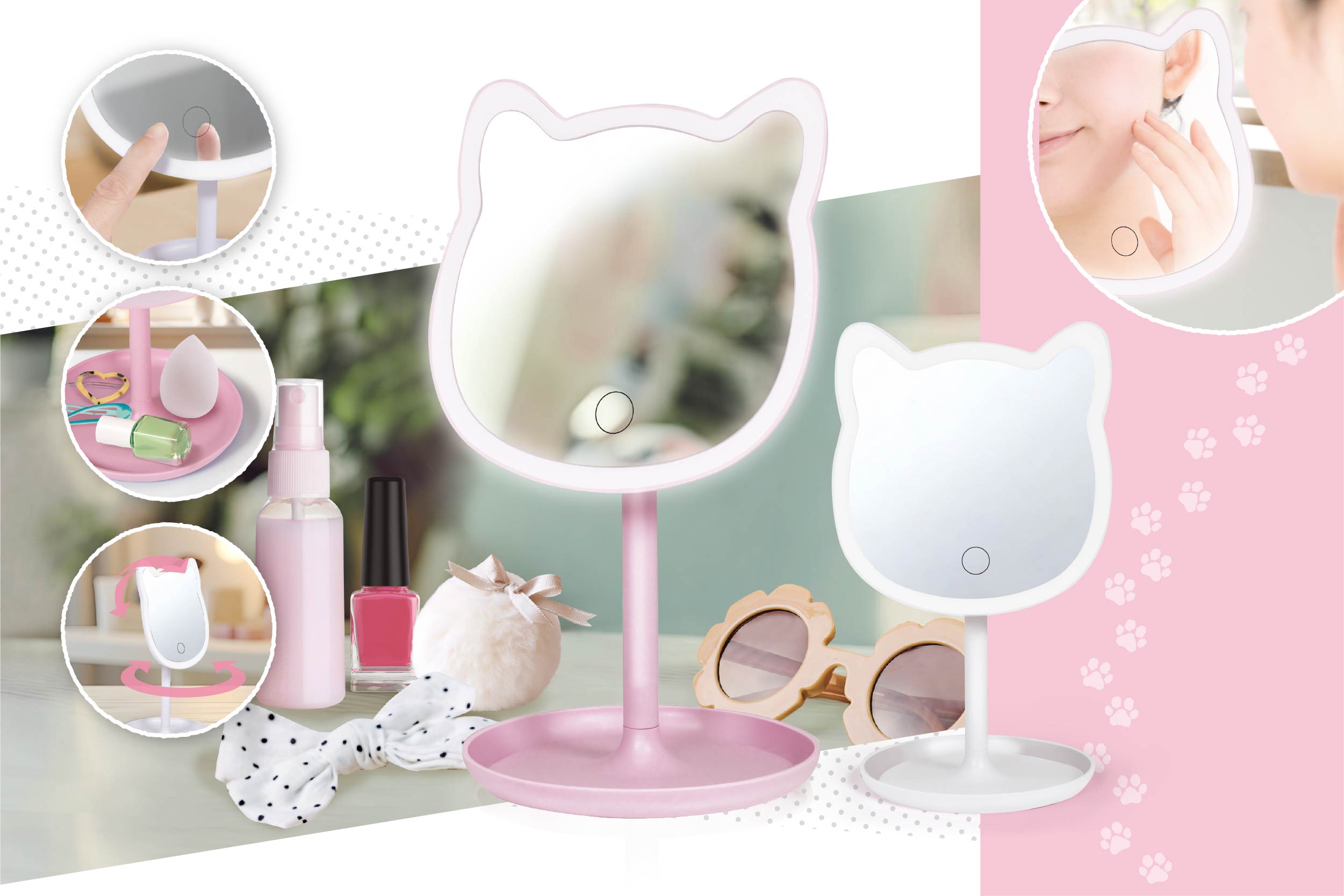 LEDライト付き ねこちゃんスタンドミラー | 株式会社ハック