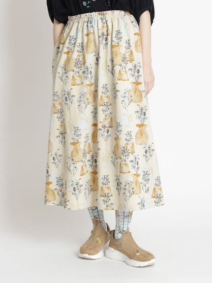 大きいサイズ]ミニ裏毛フラワーベースプリントギャザースカート