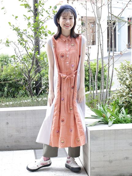 窓辺の花ジャカード×ストライプノースリーブワンピース（ノースリーブ