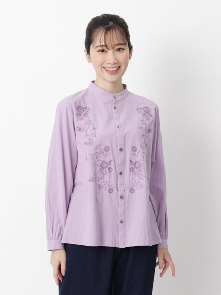 コットンサンドウォッシュ テンドリルブルーム刺繍バンドカラー