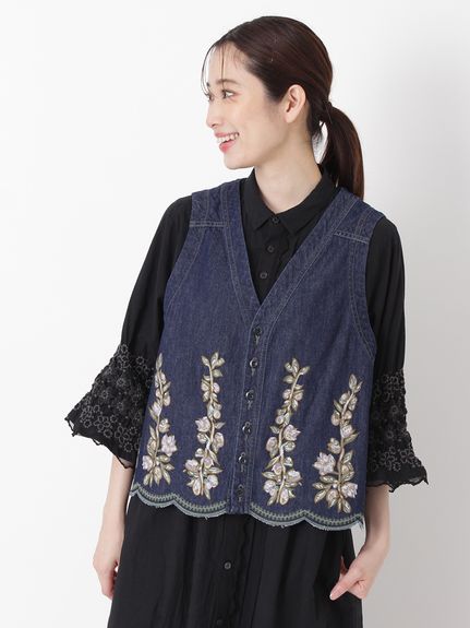 ライトオンスデニム スカラップブロッサムヴァイン刺繍デニムベスト