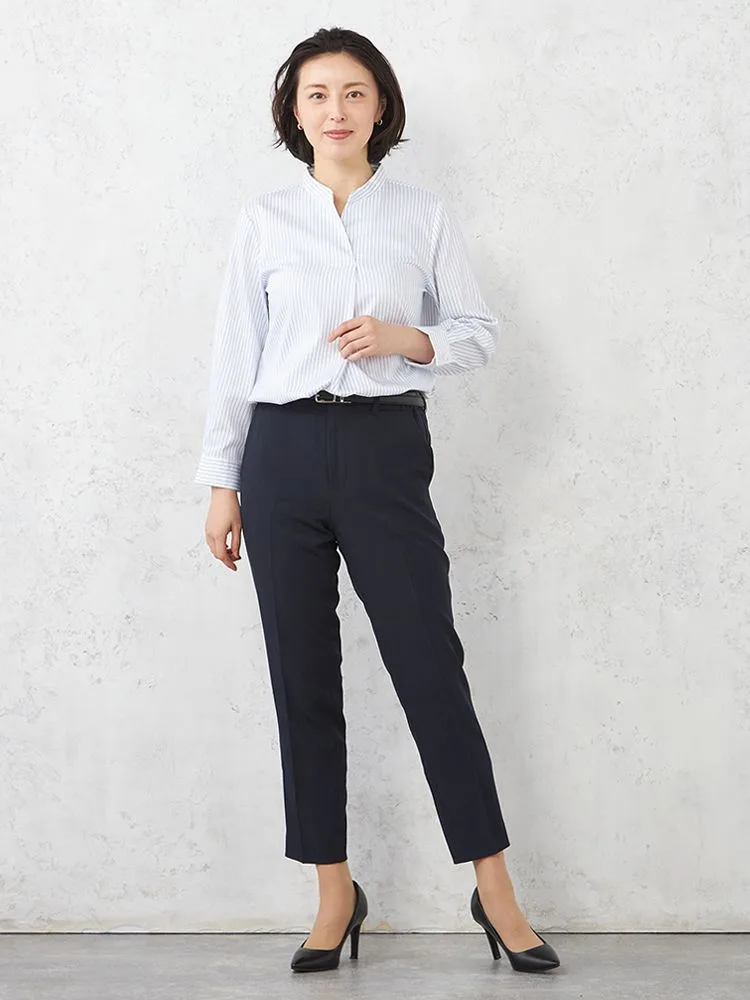 サックス 【形態安定】ブラウス 長袖 9分袖 キーネックブラウス