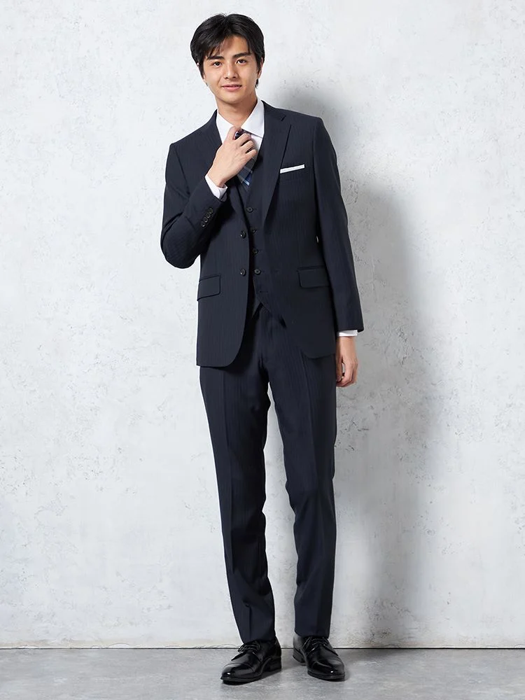 ネイビー 【ウール100％】スリーピーススーツ 2つボタン 背抜き