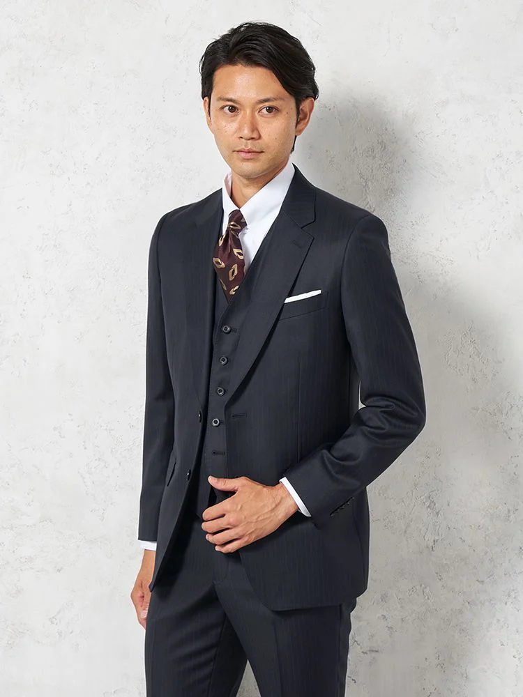 ネイビー 【ウール100%】スリーピーススーツ 2つボタン【REDA