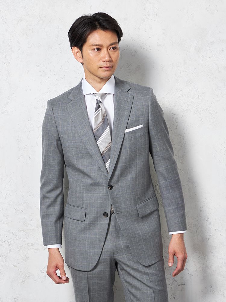 ウール混】スーツ 2つボタン 尾州生地 ライトグレー チェック